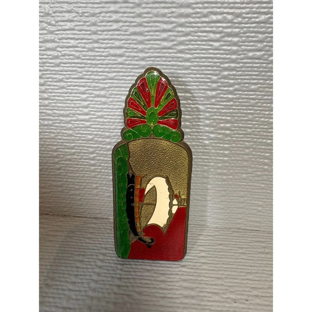 Vintage Brass Greek Cloisonne Enamel Money Clip Floral Nautical Sailing Ship